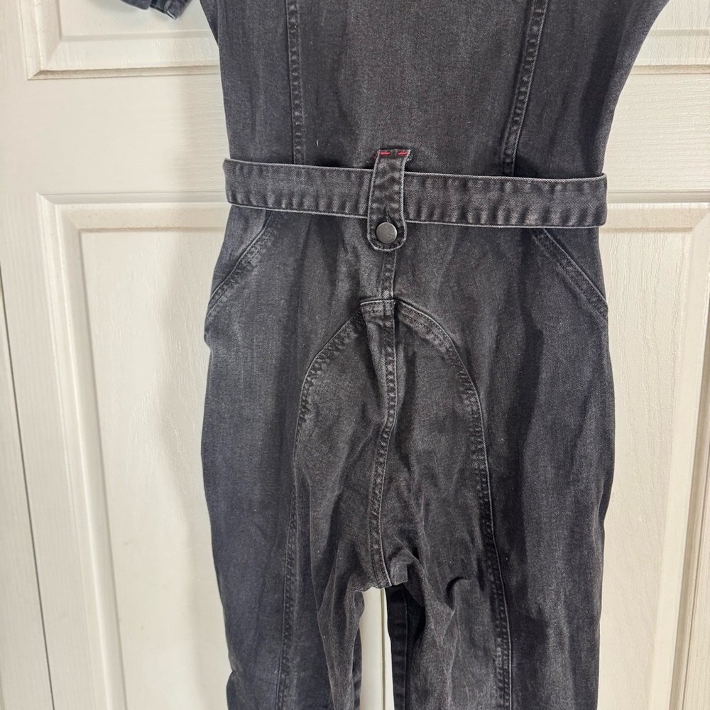 Suki So Black Denim Jumpsuit Zip Front Collar Belted Flare Leg Women's S - Picture 5 of 8